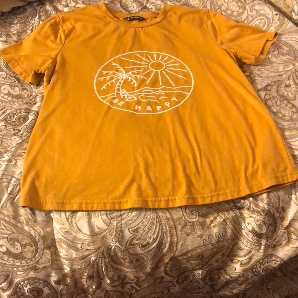 Mustard yellow short sleeve shirt. Brand SHEIN. Made in China